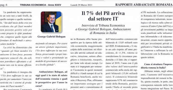 Interviul E.S George Gabriel Bologan, ambasadorul României în Italia,pentru Tribuna Economic